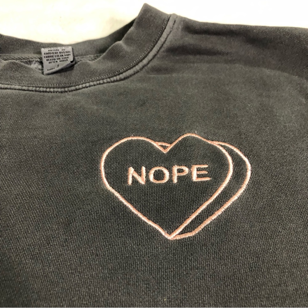 Women’s Gray Embroidery Sweatshirt Size Small “Nope Embroidered Heart” - Picture 3 of 9